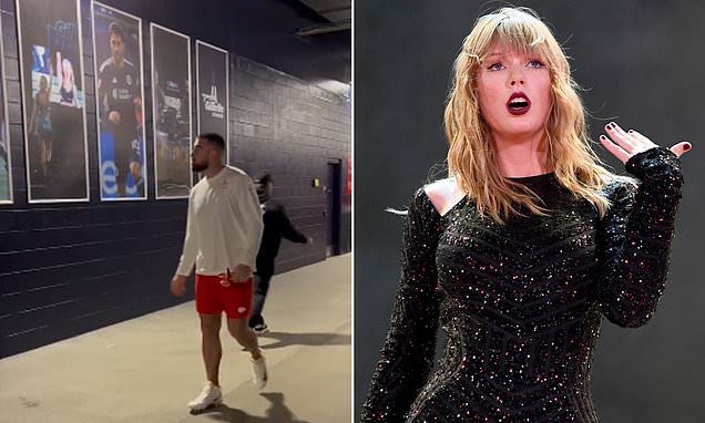 Before the game kickoff, Taylor Swift rushes into Gillette Stadium to give Travis Kelce a good luck kiss.
