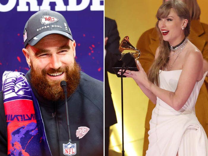 Travis Kelce watched the Grammys on his phone so he could see Taylor ❤️💛 "I was fortunate we landed in Las Vegas just in time for me to turn it on, on my phone and catch her winning her 13th award and announcing her new album. Her setting records is pretty amazing