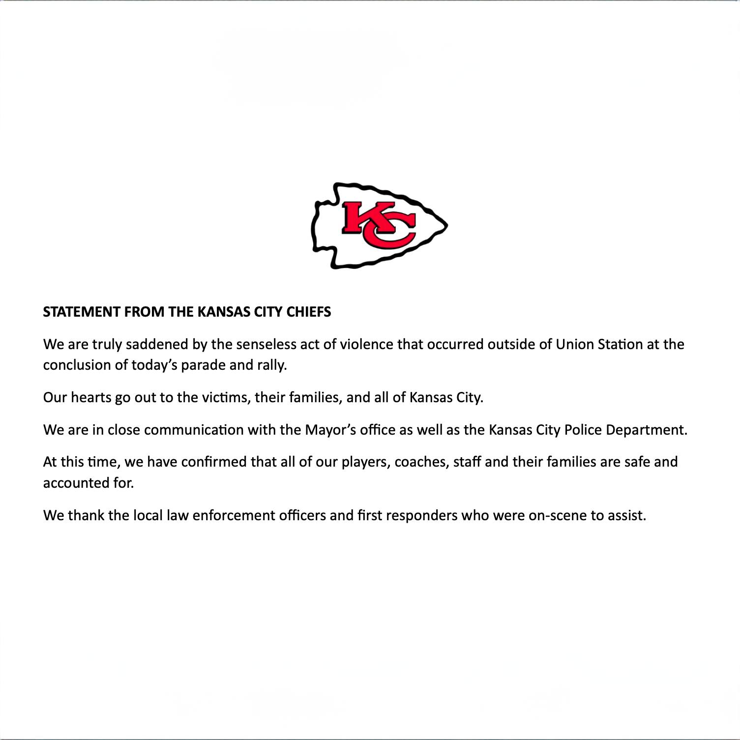 The Kansas City Chiefs' released a statement following the violence at the chiefs victory rally parade that led to death of our beloved and injury of 8children among 21