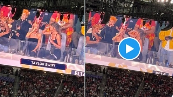 [WATCH] Some Super Bowl viewers were angered as Taylor Swift was seen chugging a beer on live television calling her a 'sh**t role model' for younger fans watching at home another viewer made fun of her "I can only hope it was followed by a good belch"