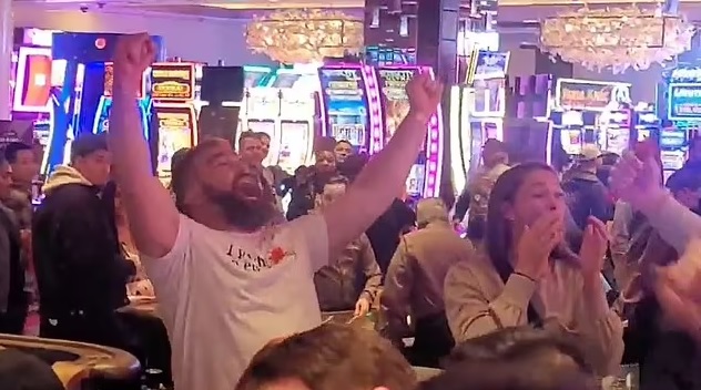Jason Kelce celebrates with wife Kylie after winning big at Las Vegas casino as Eagles veteran enjoys night of gambling on eve of Travis' Super Bowl showdown with the 49ers