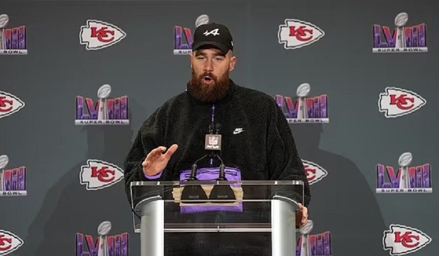Reporter Stumps Kelce with Lyric Question: "Karma is the guy on the..." Kelce Correctly Responds with "Chiefs"