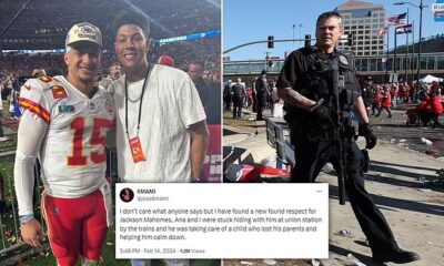 Jackson Mahomes 'took care of a lost child' in chaos of Kansas City shooting, claims a Chiefs fan on social media - who says she has 'new respect' for Patrick's brother after sexual battery allegations were dropped last month