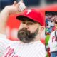 Jason Kelce and Wife Kylie All Smiles at Philadelphia Phillies Game as wife made joke of the Retired NFL Star while he Throws First Pitch " Join the Circus Heard they needed someone with a great throwing arms"