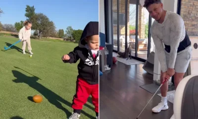 Patrick Mahomes Plays Golf with Daughter Sterling and Son Bronze showing off his kids sporting skills while Brittany capture the happy moment