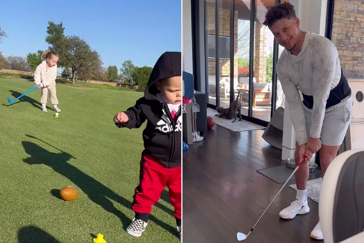 Patrick Mahomes Plays Golf with Daughter Sterling and Son Bronze showing off his kids sporting skills while Brittany capture the happy moment