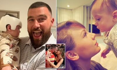 Your turn next, Travis? Chiefs star Kelce plays the role of doting 'uncle' as he poses for photos with friends' baby - after returning from Bahamas vacation with Taylor Swift
