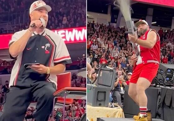 Travis and Jason Kelce Shoot Sandwiches Out of a T-Shirt Cannon....The brothers fire the wraps off as the audience cheered and grabbed the flying sandwiches out of the air.[VIDEO]